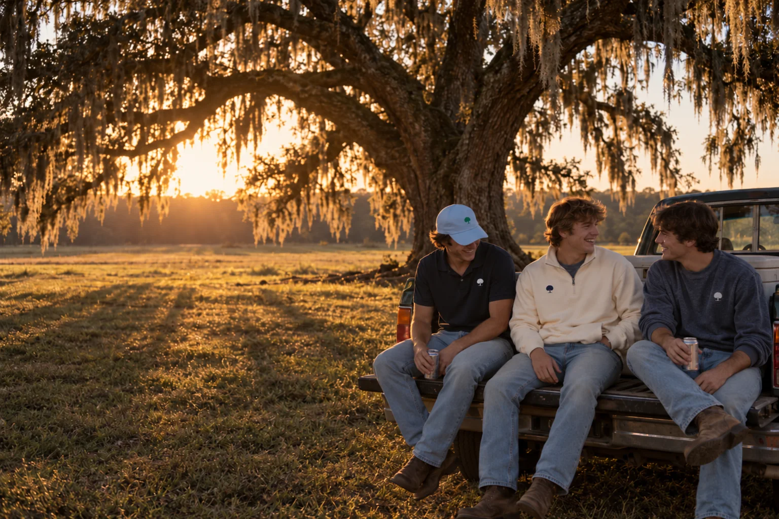 Three friends on a pickup tailgate under a moss-draped live oak at sunset, wearing Oak Grove Club