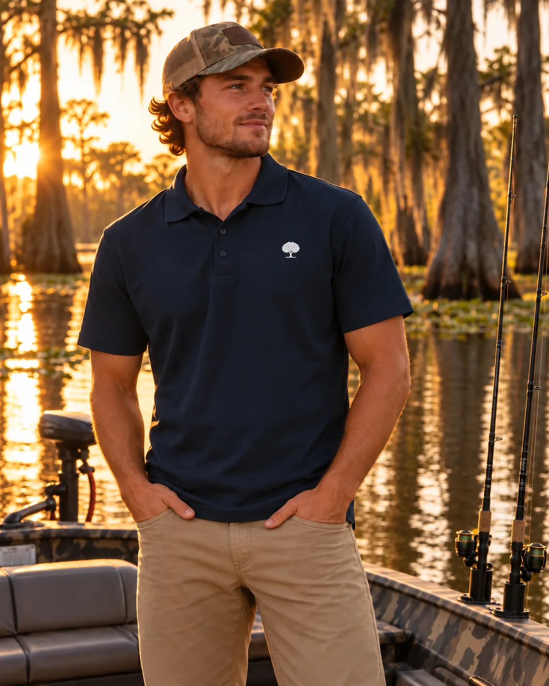 A man standing in a fishing boat in a cypress bayou at sunset with his hands in his pockets, wearing the navy Oak Polo