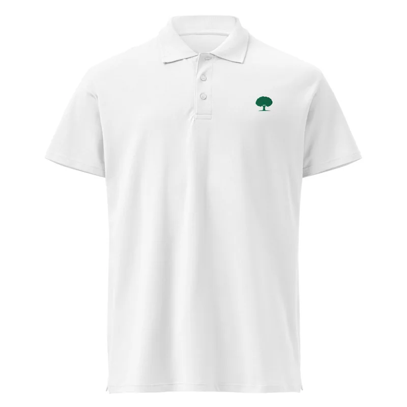 The Oak Polo in white with an oak tree stitched on the left chest